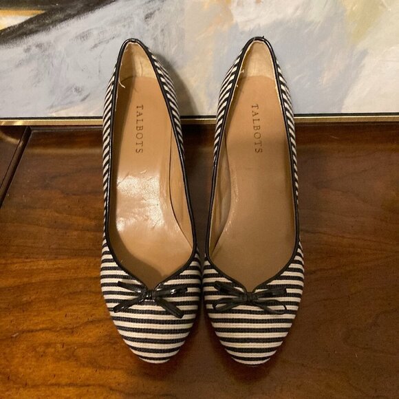 Talbots Women Size 9 Striped Black and White Heel Bow Special Occasion - Picture 1 of 8